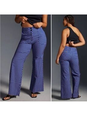 Maeve Anthropologie Naomi Geometric Print Flare Leg Pants Size 8 Blue